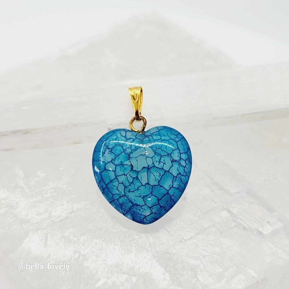 Blue Dragon Veins Agate Heart Handmade Pendant Gold Toned Bail 1.11"